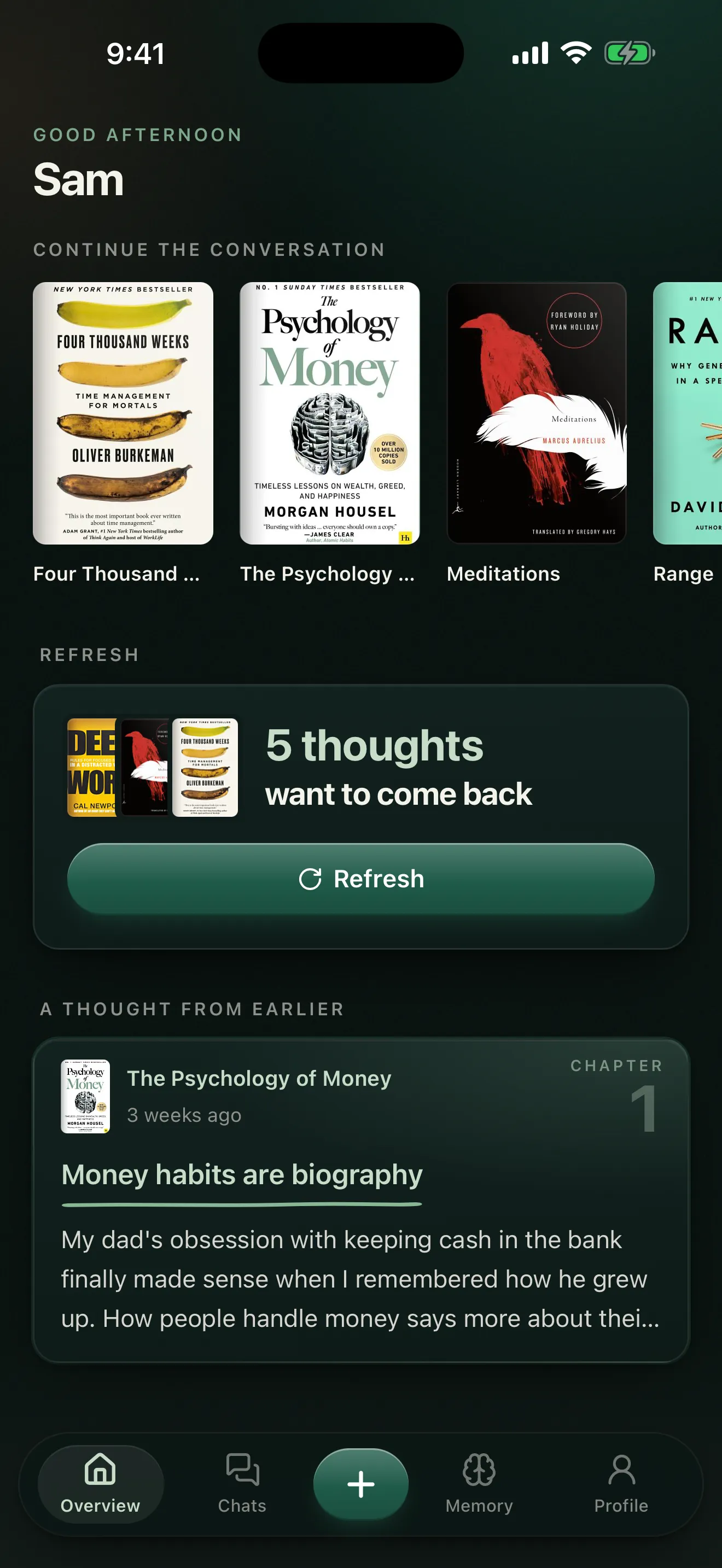 Remi on iPhone: the overview with books in conversation and thoughts that want to come back